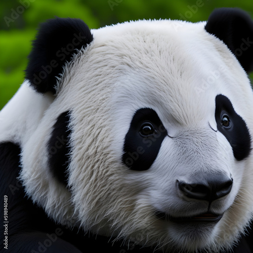 A close-up photo of a panda's face with its iconic black and white markings