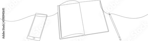 Modern workspace one line drawing, Continuous hand drawn smartphone, book and pencil. Symbols of work creative and digital company working.