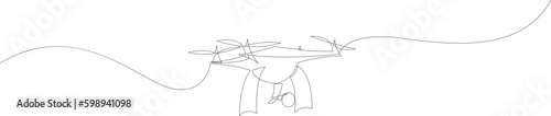 Continuous one line drawing of flying drone airplane. Single line unmanned plane graphic. Modern air gadget for videography concept. Vector illustration.