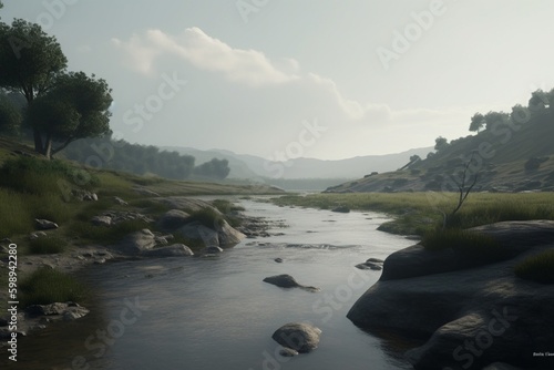 A minimalist landscape with a scenic river or stream, Generative AI