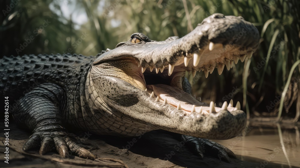 Obraz premium Closeup of a crocodile and alligator in water 
