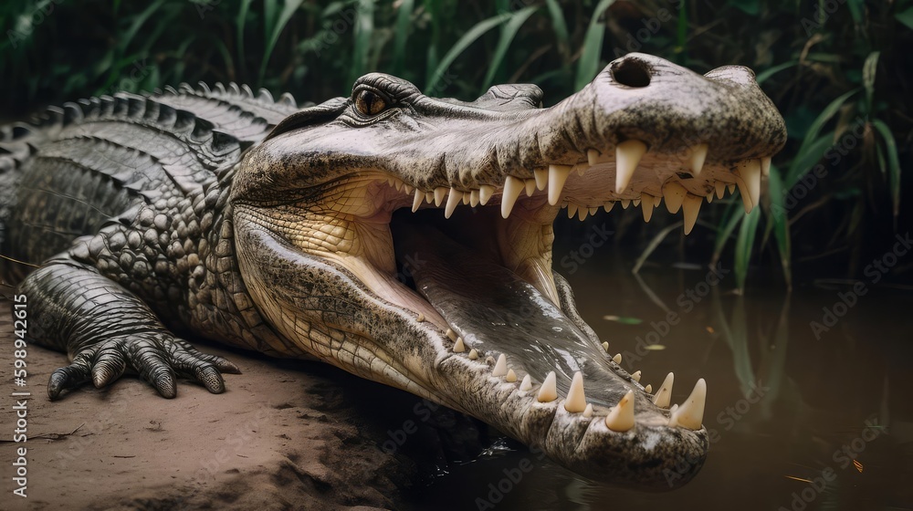 Fototapeta premium Closeup of a crocodile and alligator in water 