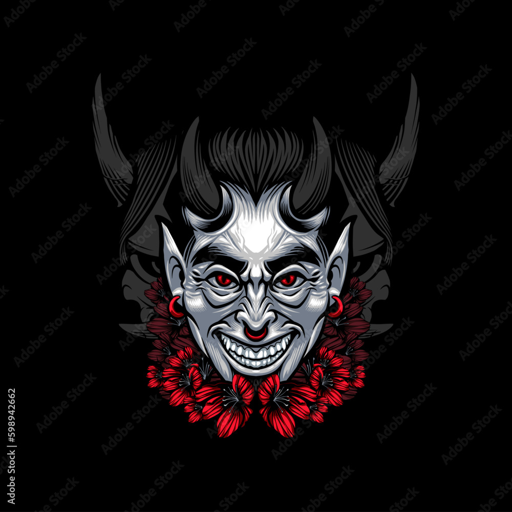 Devil head illustration smirking with oni in the background and red sakura petals