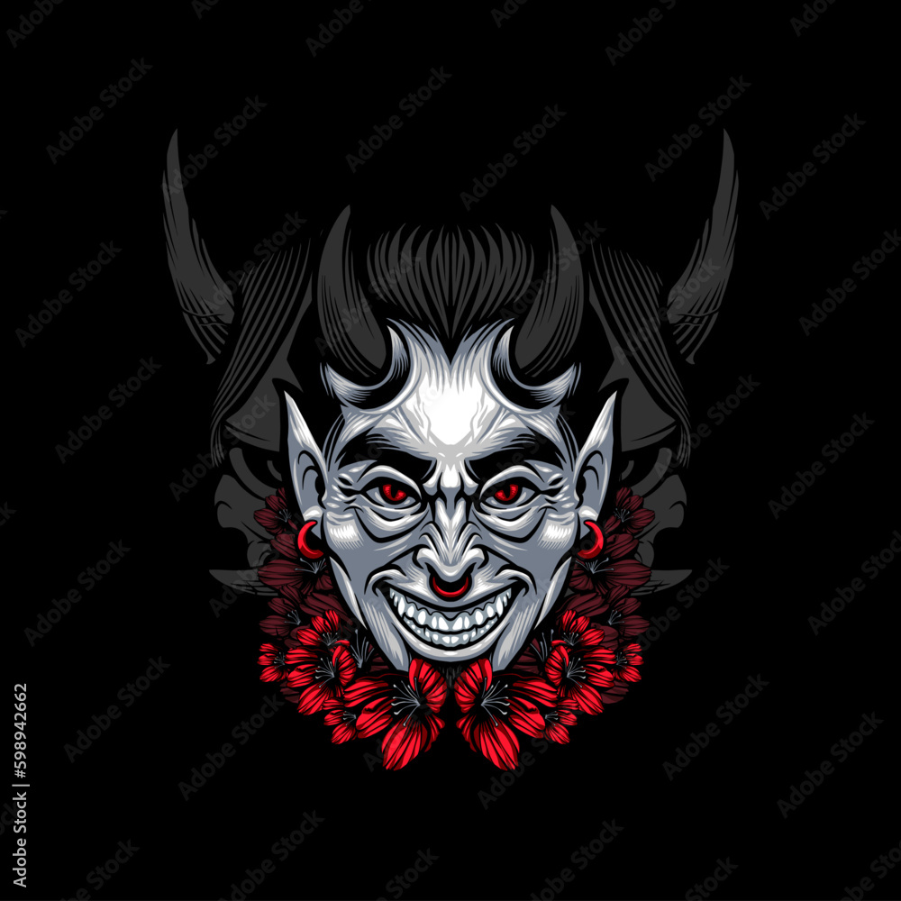 Devil head illustration smirking with oni in the background and red sakura petals Devil head illustration smirking with oni in the background and red sakura petals