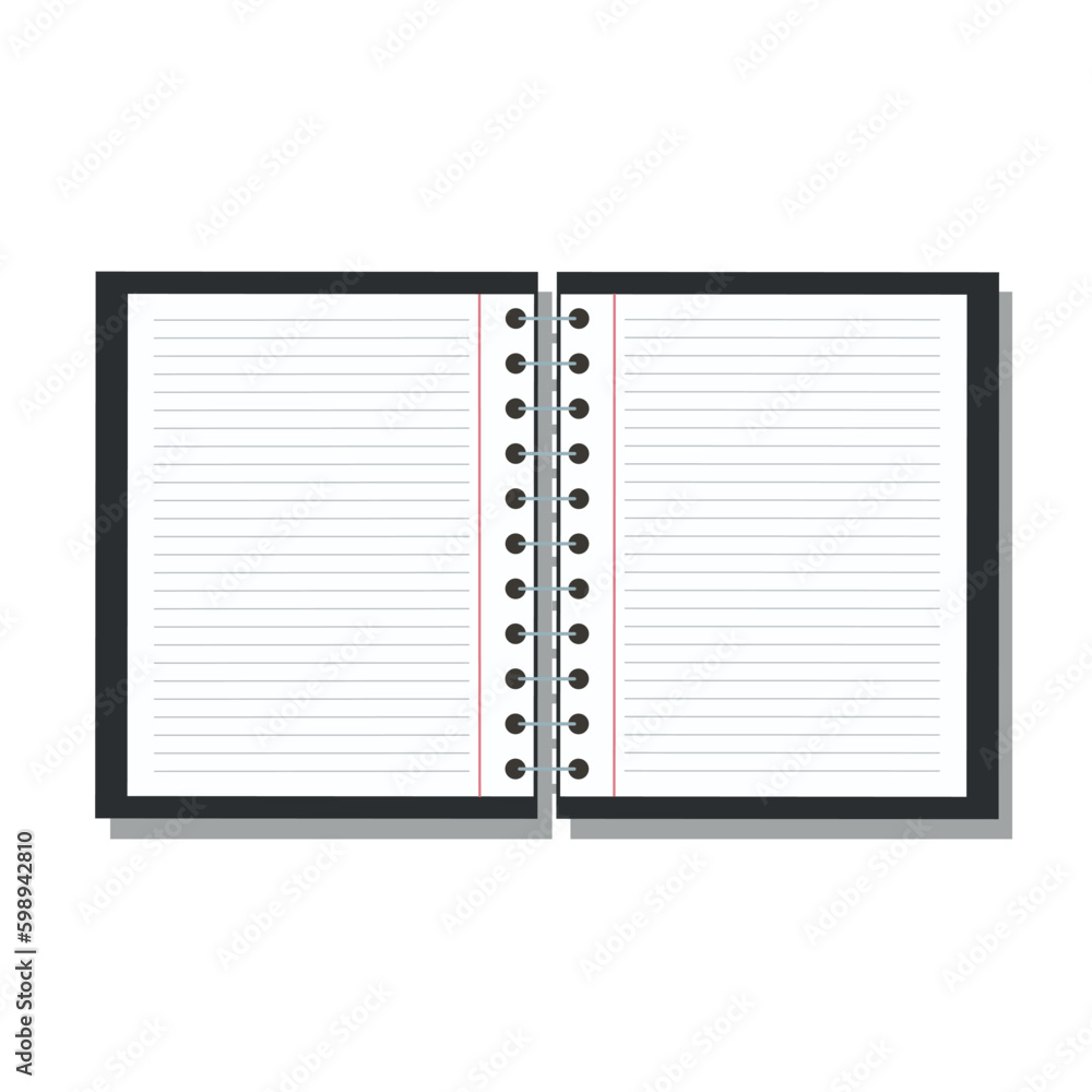 Open black notebook isolated on background. Blank sheet of lined notebook. Vector stock Open black notebook isolated on background. Blank sheet of lined notebook. Vector stock