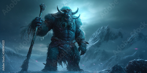 Brutal looking orc warrior. Goblin warlord in a snowy landscape. generative ai. Troll warrior in the winter mountains