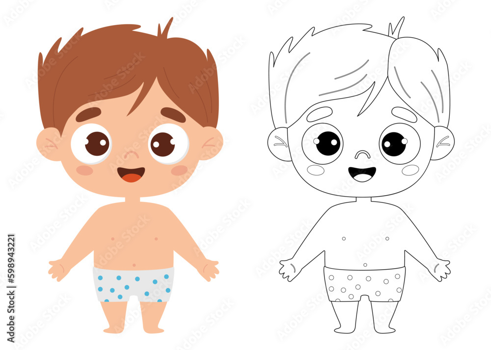 Cute cartoon smiling kid boy in shorts. Outline drawing coloring book and color drawing. Vector illustration. Childrens collection. Isolated funny kids on white background. Cute cartoon smiling kid boy in shorts. Outline drawing coloring book and color drawing. Vector illustration. Childrens collection. Isolated funny kids on white background.