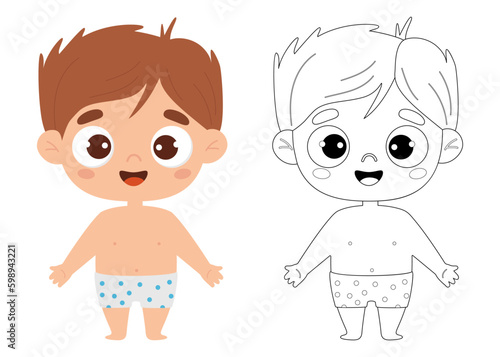 Cute cartoon smiling kid boy in shorts. Outline drawing coloring book and color drawing. Vector illustration. Childrens collection. Isolated funny kids on white background.