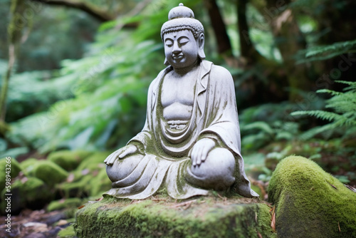 Tranquility in Nature  Buddha Statue in a Mossy Forest
