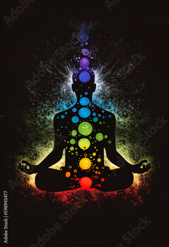 Front view silhouette of a man meditating and all chakras are displayed brightly. AI Generated
