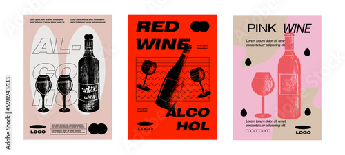 Wine Tasting Event Poster Set. Alcoholic beverage garnish. Minimalist vector illustration. 