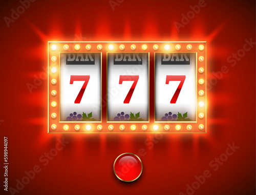 Bright lucky seven 777 slot machine. Spin button, shiny led bulbs frame on red background. Vector online casino vegas game. Gambling fortune chance web banner. Win jackpot 7, festive led bulb light