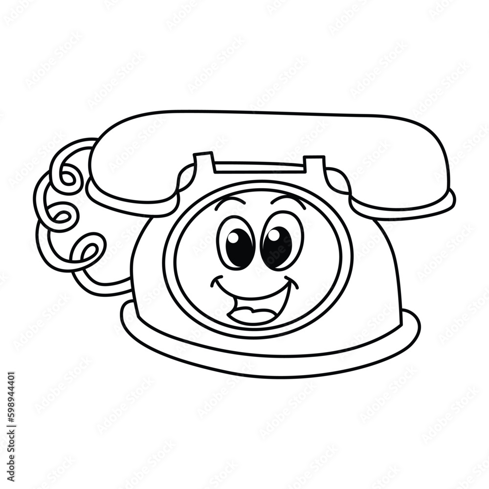Funny telephone cartoon characters vector illustration. For kids coloring book.