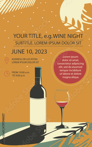 Banner or flyer with a bottle of wine and a glass of wine. Wine night or other event. Add your own text.