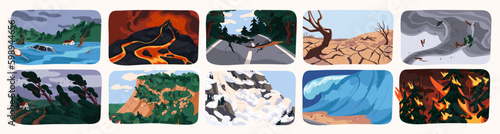 Natural disasters, calamities set. Weather cataclysms, catastrophes. Flood, hurricane, volcano eruption, earthquake, avalanche, tsunami wave, drought, nature landscapes. Flat vector illustrations
