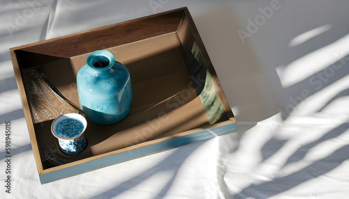 blue and white,ceramic turquoise blue vase and jar and antique blue Chinese book with space on white fabric tablecloth table in sunlight, leaf shadow for interior design decoration, Dark wooden servin