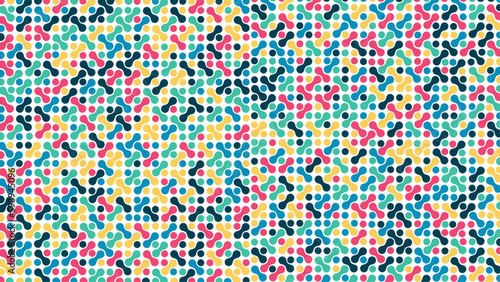 Multicolored metaball elements in the form of an oblique cross. Pastel colors in different shades of blue  red  and pink on a white background. Abstract geometric motif. Seamless vector pattern.