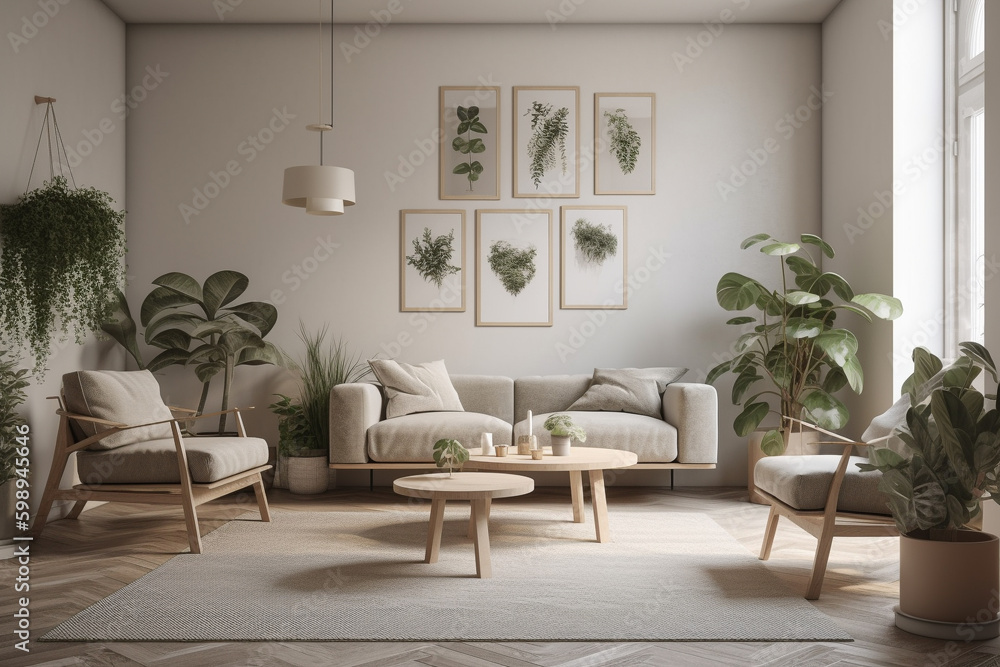A sofa chairs and potted plants in a living room. Generative AI Generative AI A sofa chairs and potted plants in a living room. Generative AI Generative AI