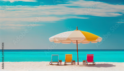 Vibrant Beach Panorama: White Sand, Chairs, Umbrella & Scenic Travel Tourism Background (Generative AI) © borisk.photos