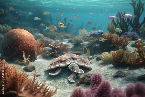 A detailed illustration of a group of marine animals, such as octopuses or sea turtles, in their natural environment, Generative AI