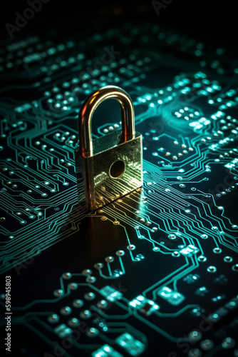 A padlock on circuit board depicting cybersecurity generative AI