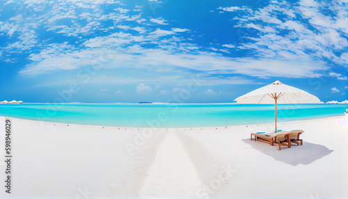 Vibrant Beach Panorama  White Sand  Chairs  Umbrella   Scenic Travel Tourism Background  Generative AI 