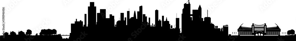 Silhouetten: Stadtbild mit Hochhäusern, ruhigem Vorort, schöner Grünanlage und großen Stadion
