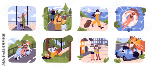 Summer holiday travel. Tourists relaxing, resting in vacation trips, tours, adventures, journeys, excursion. Tourism concept. People traveling. Flat vector illustrations isolated on white background