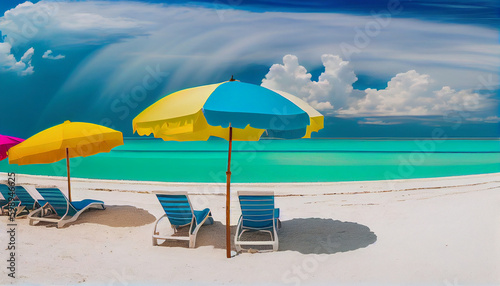 Vibrant Beach Panorama  White Sand  Chairs  Umbrella   Scenic Travel Tourism Background  Generative AI 