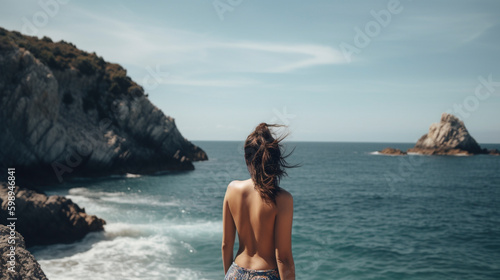 Back View of Unrecognizable French Model in Swimwear and backless - Generative Ai photo