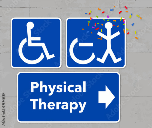 Physical therapy works is the theme of this illustration. An icon of a person in a wheelchair stands up and celebrates successful physical therapy that has him back on his feet.