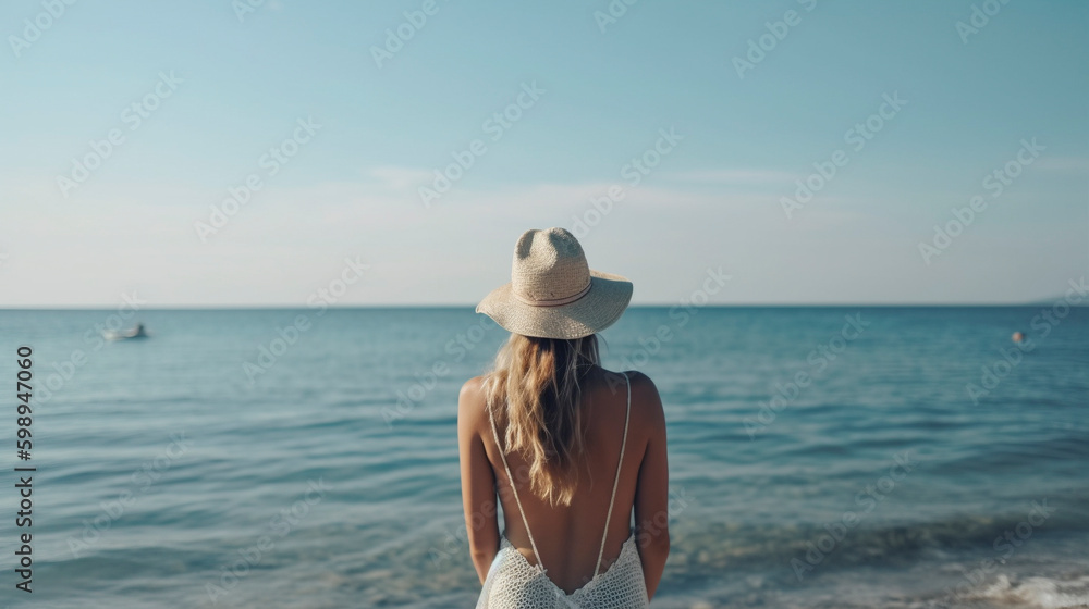 Back View of Unrecognizable Wonderful Woman in Elegant Beach Hat on French Riviera - Generative Ai Back View of Unrecognizable Wonderful Woman in Elegant Beach Hat on French Riviera - Generative Ai