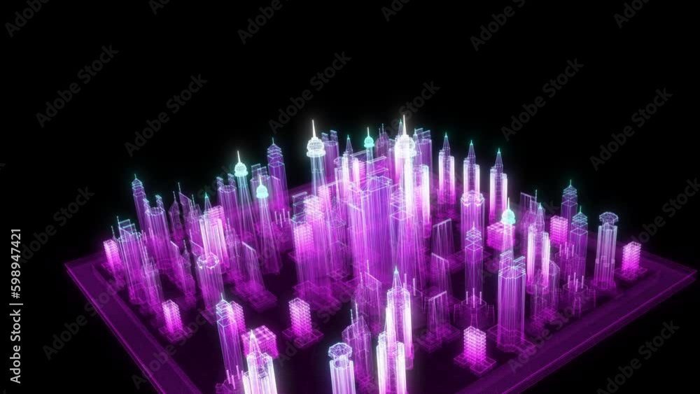 Futuristic city made of glowing particles. Abstract particles swirling and flowing on a black background. Looped seamless footage. 3D rendering 4K loop Futuristic city made of glowing particles. Abstract particles swirling and flowing on a black background. Looped seamless footage. 3D rendering 4K loop