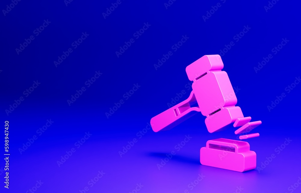 Pink Auction hammer icon isolated on blue background. Gavel - hammer of judge or auctioneer. Bidding process, deal done. Auction bidding. Minimalism concept. 3D render illustration Pink Auction hammer icon isolated on blue background. Gavel - hammer of judge or auctioneer. Bidding process, deal done. Auction bidding. Minimalism concept. 3D render illustration