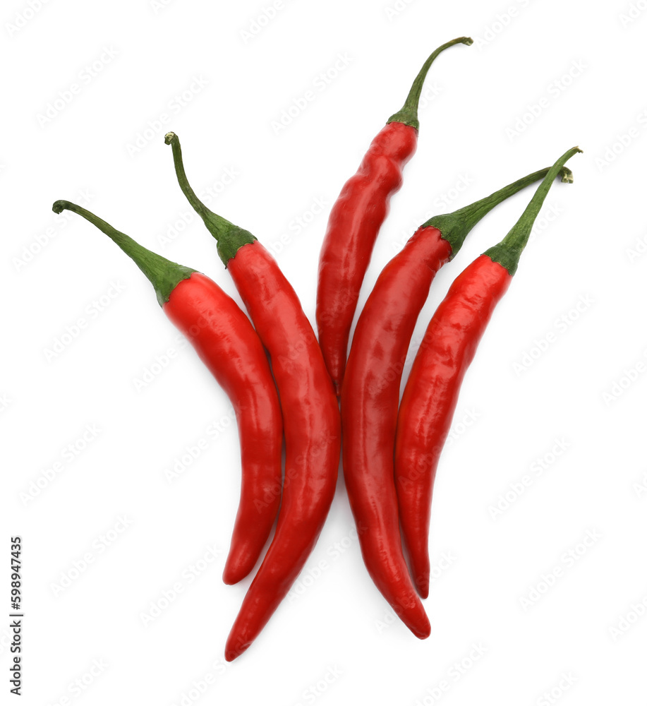 Red hot chili peppers isolated on white, top view