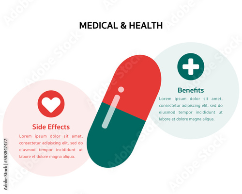 Medical and Health care infographic concept. Slide presentation template. Capsule, medicine, health care and pharmacy design.