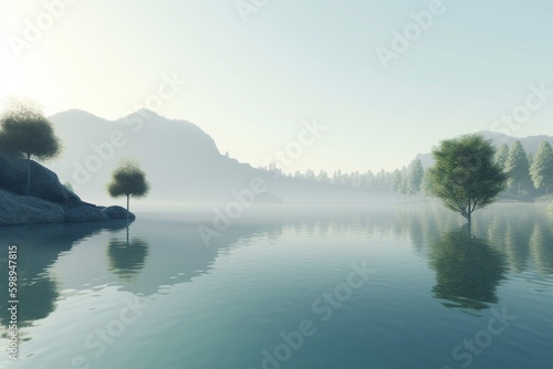 A minimalist landscape with a scenic lake or pond, Generative AI © Nino44