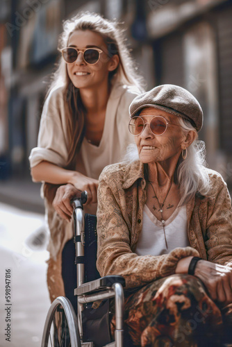 a young teenage careceeper is pushing an old stylish woman in a wheelchair. generative ai