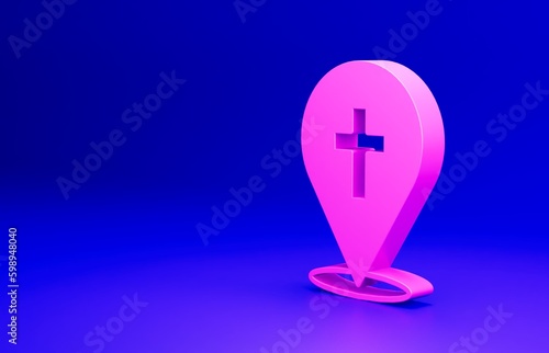 Pink Map pin church building icon isolated on blue background. Christian Church. Religion of church. Minimalism concept. 3D render illustration