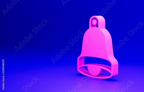 Pink Church bell icon isolated on blue background. Alarm symbol, service bell, handbell sign, notification symbol. Minimalism concept. 3D render illustration