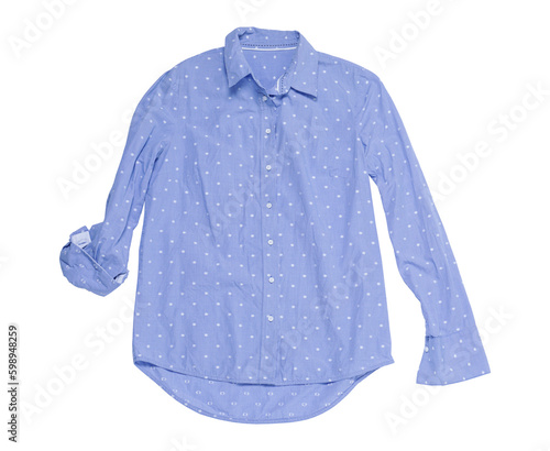 Crumpled light blue polka dot blouse on white background, top view