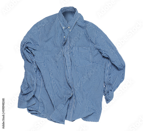 Crumpled light blue gingham shirt on white background, top view