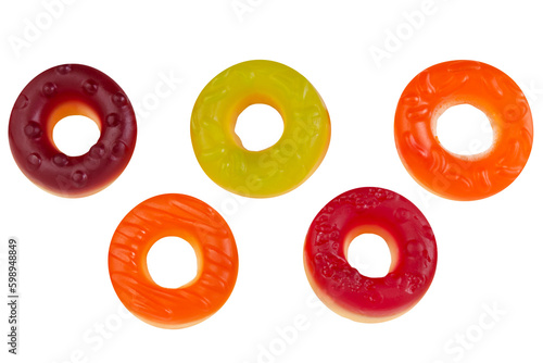 Set of colored jelly candies miniature donuts isolated on transparent background.