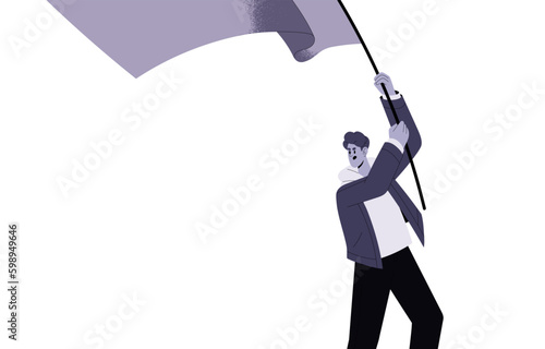 Protester, political activist holding flag at picket, revolution. Angry person with waving banner in hand, protesting at street rebellion. Flat vector illustration isolated on white background