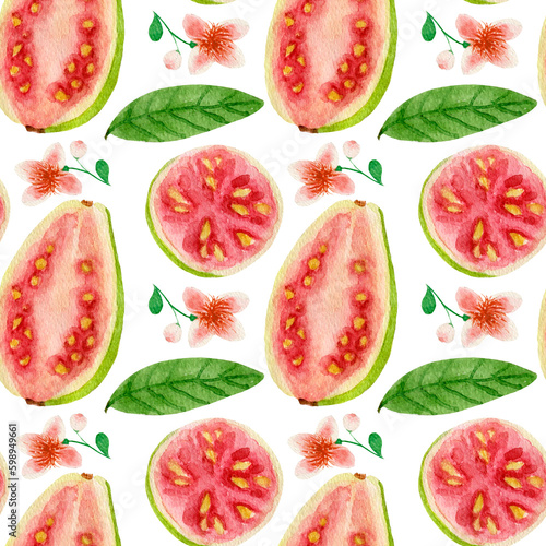 Watercolor pattern  guava  bloom and leaves on white background. Pattern for kitchen fabric  various food products etc.
