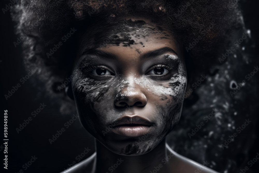 Black woman with her face painted like she's from an African tribe on dark background. Generative AI. Black woman with her face painted like she's from an African tribe on dark background. Generative AI.