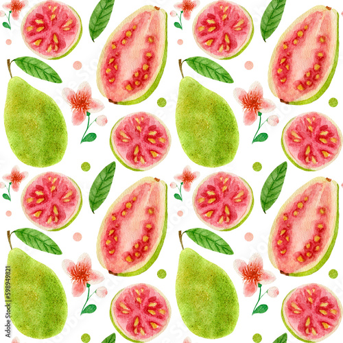 Fototapeta Naklejka Na Ścianę i Meble -  Watercolor seamless pattern, guava, bloom, cut, dots on white background. For kitchen fabric, various food products etc.