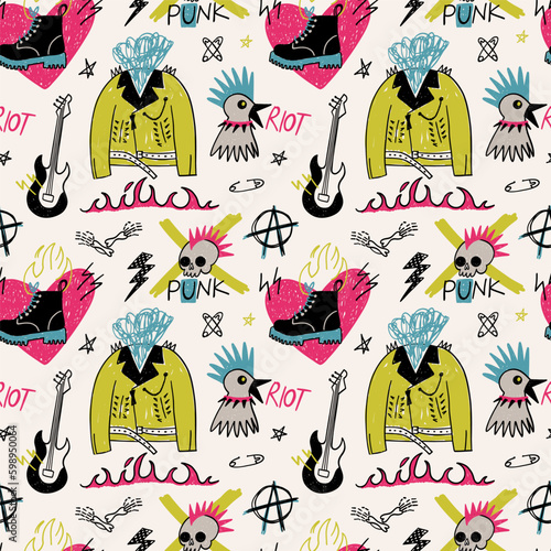 Punk seamless pattern. Hand drawn rock music elements. Leather jacket, boots and guitar. Skull with mohawk and anarchy symbol. Decor textile, wrapping paper, wallpaper print, cartoon vector background