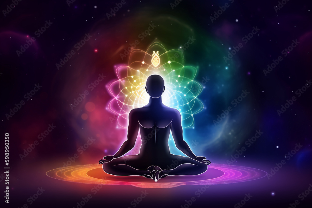 State of mind concept. Transcendental chakras space meditation human silhouette. Cosmic background. Generative AI