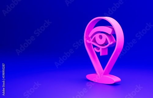 Pink Eye of Horus icon isolated on blue background. Ancient Egyptian goddess Wedjet symbol of protection, royal power and good health. Minimalism concept. 3D render illustration